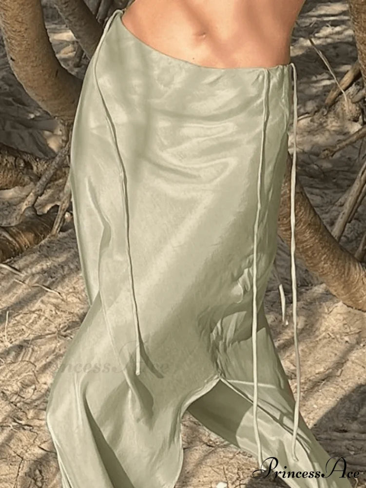 High Slit Mesh Trendy Bodycon Maxi Dress Khaki / S