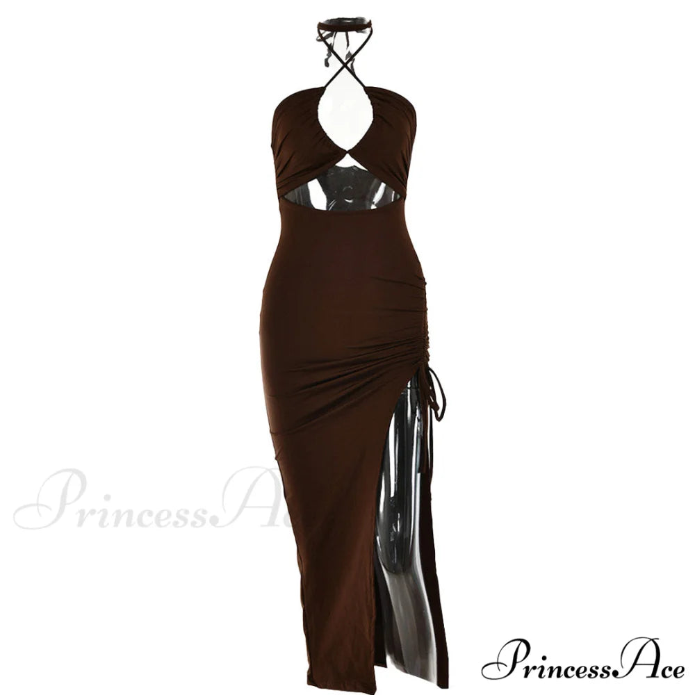 High Split Cowl Neck Open Classic Back Mini Dress - Multicolor L / Brown