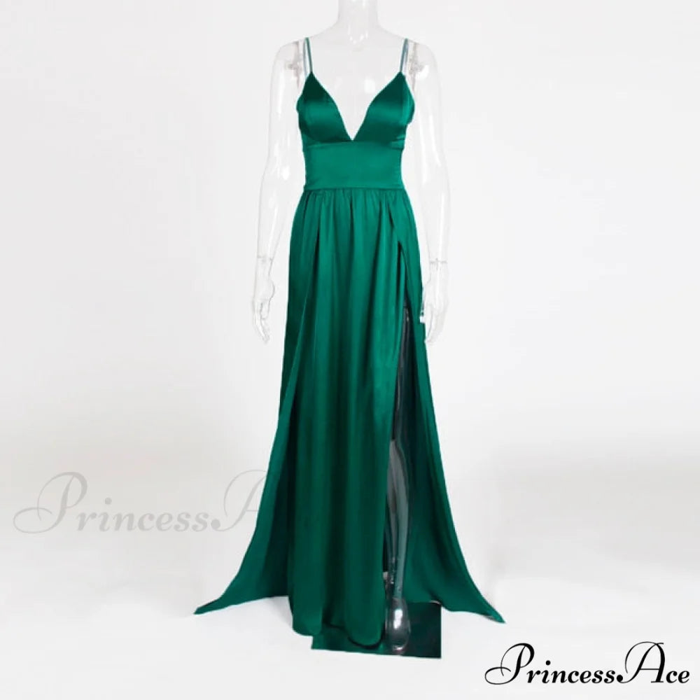 High Splits Red Satin Night Club Party Dress Green / XS