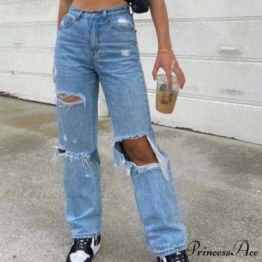 High Straight Leg Baggy Streetwear Waist Pants High Jeans Ripped Boyfriend Women Trousers Blue / S