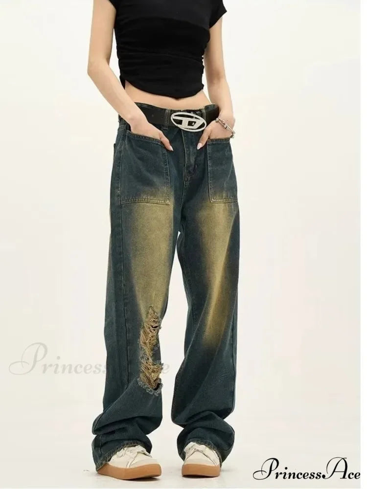 High Street Trendy Brand Summer Retro Straight Tube Floor Sweeping Denim Jean