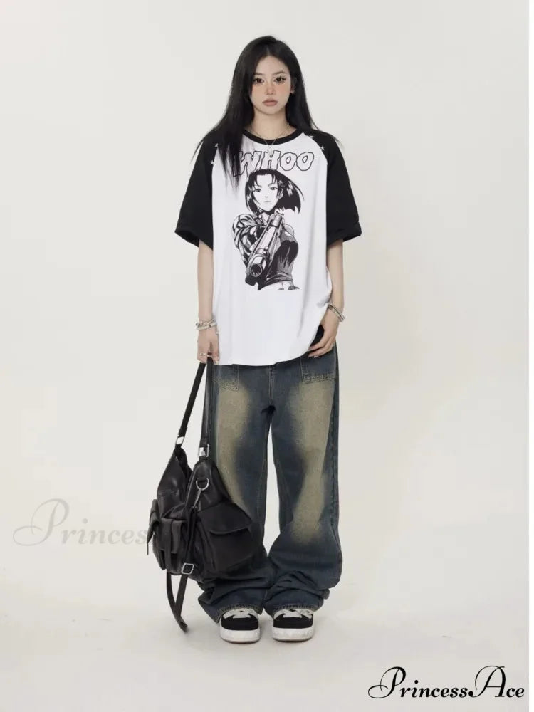 High Street Trendy Brand Summer Retro Straight Tube Floor Sweeping Denim Jean