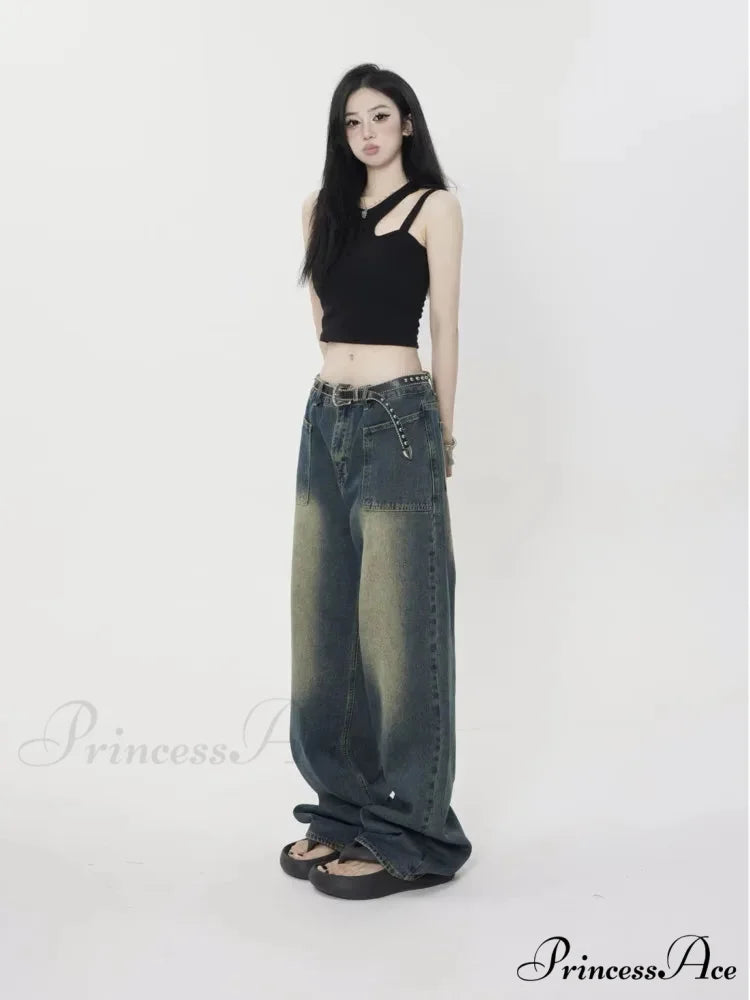 High Street Trendy Brand Summer Retro Straight Tube Floor Sweeping Denim Jean