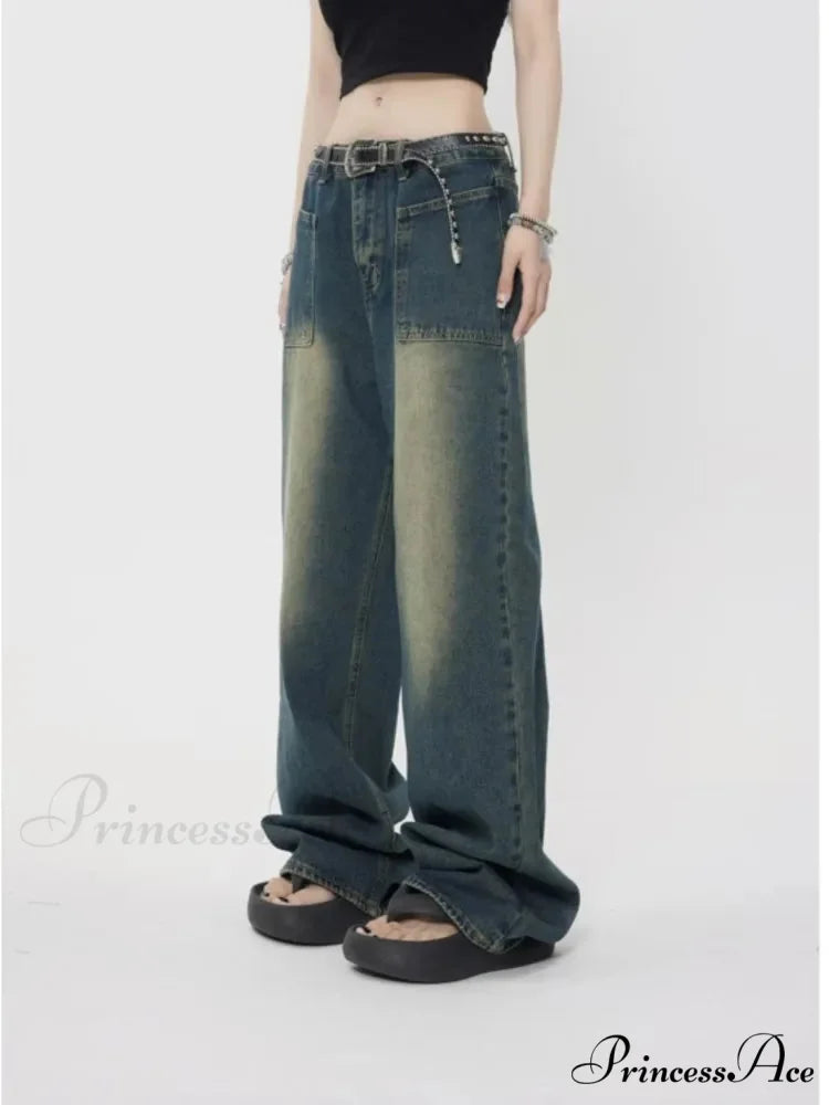 High Street Trendy Brand Summer Retro Straight Tube Floor Sweeping Denim Jean