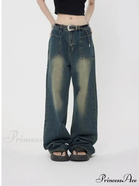 High Street Trendy Brand Summer Retro Straight Tube Floor Sweeping Denim Jean Blue / S