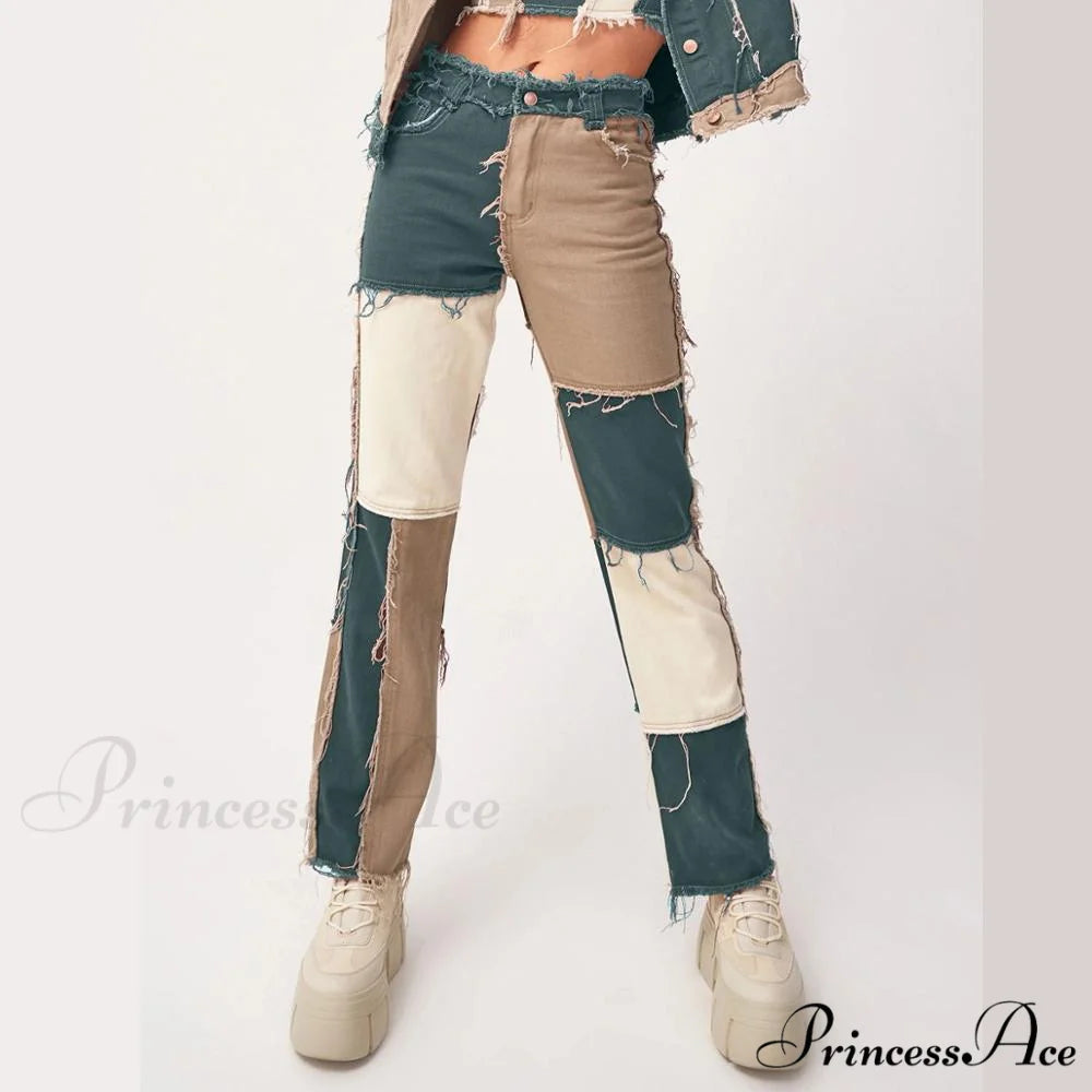 High Street Variegated Patchwork Jeans GL003 Green / XS
