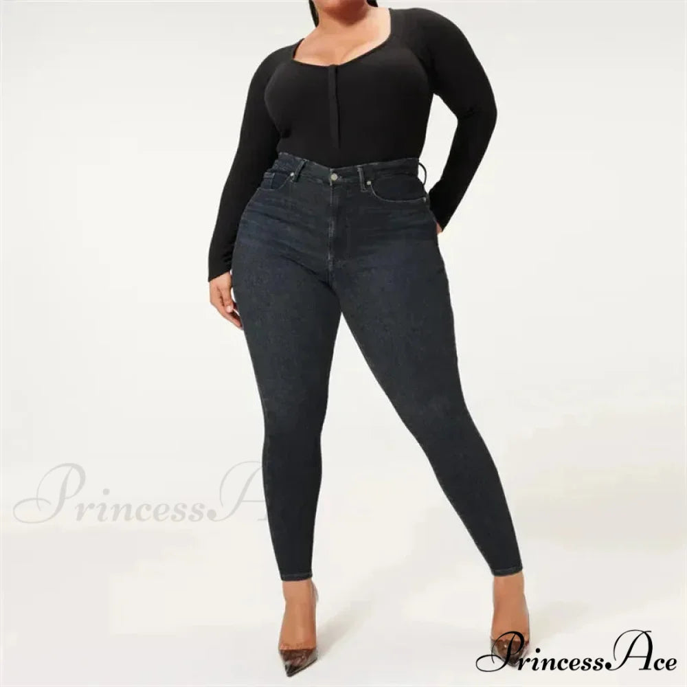 High Stretchy Skinny Full Length Plus Size Curvy Fitting Fashionable Pencil Jean Black / XS