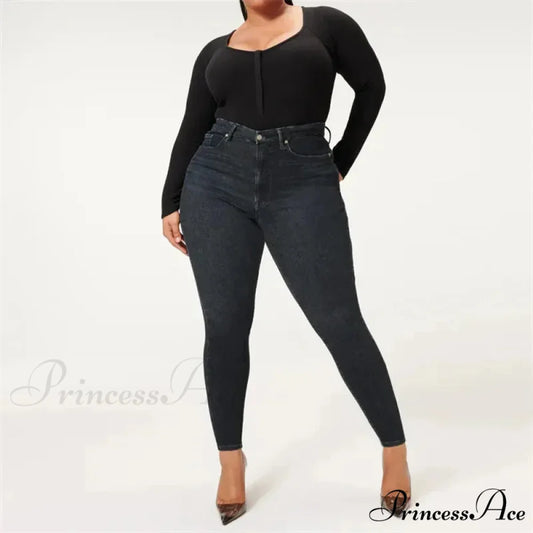 High Stretchy Skinny Full Length Plus Size Curvy Fitting Fashionable Pencil Jean Black / XS