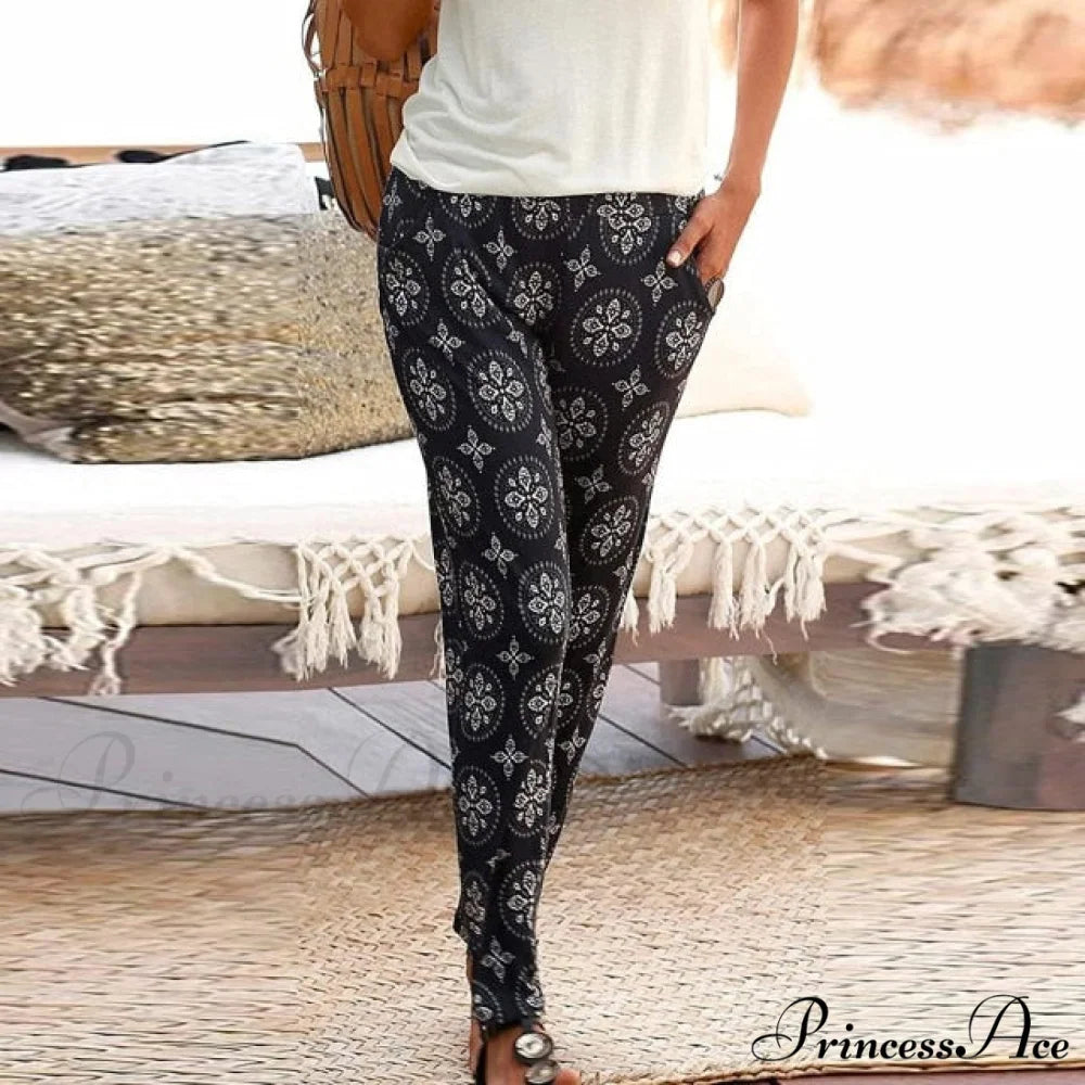 High Waist 3D Printing Trousers Long Pants black / S