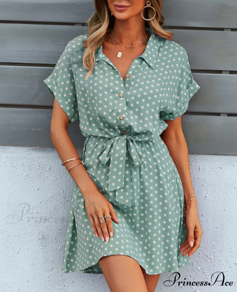 High Waist A-Line Belt Dot Printed Turn Down Collar Mini Dress for Women S / BLACK
