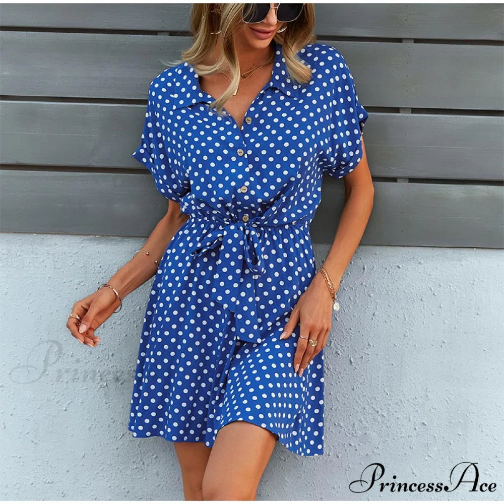 High Waist A-Line Belt Dot Printed Turn Down Collar Mini Dress for Women S / BURGUNDY