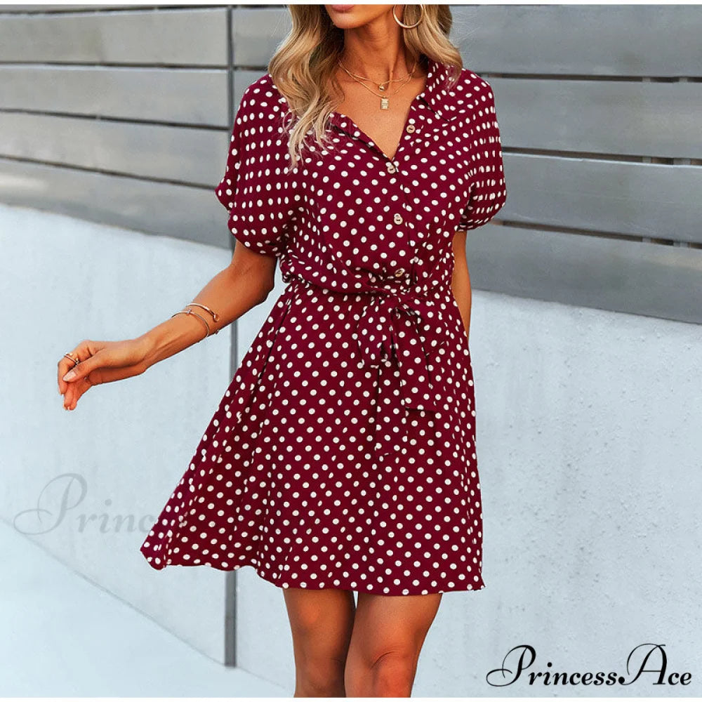 High Waist A-Line Belt Dot Printed Turn Down Collar Mini Dress for Women S / GREN