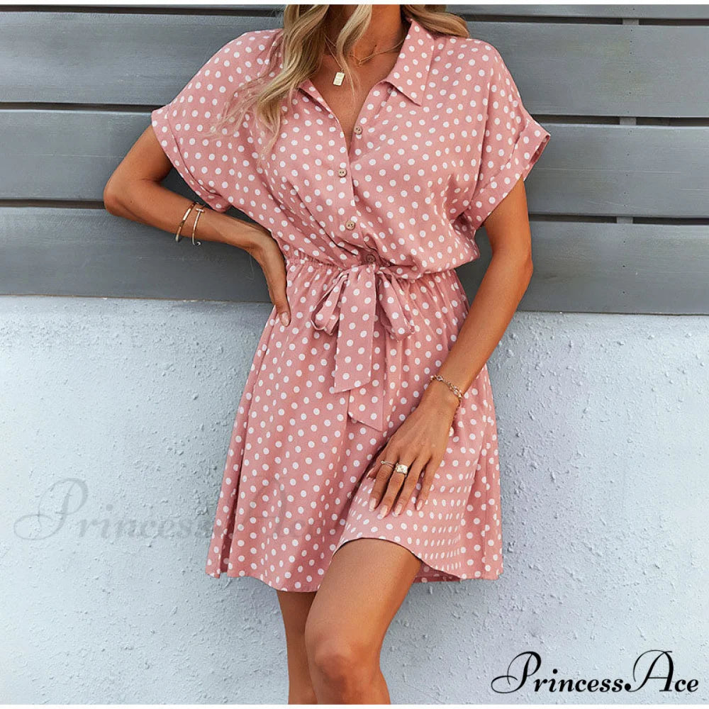 High Waist A-Line Belt Dot Printed Turn Down Collar Mini Dress for Women S / PINK