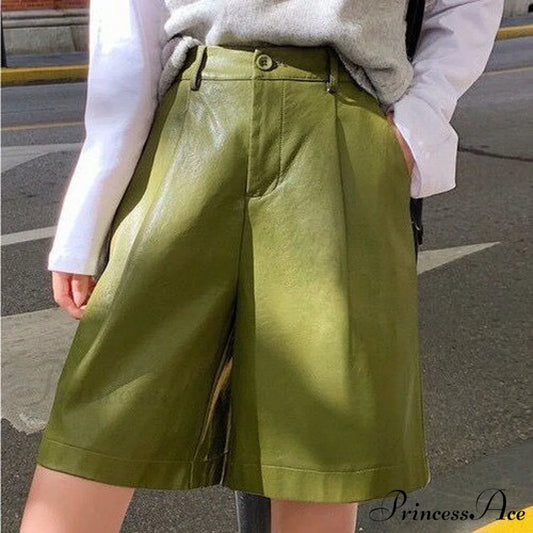 High Waist Bermuda Faux Leather Shorts green / XL