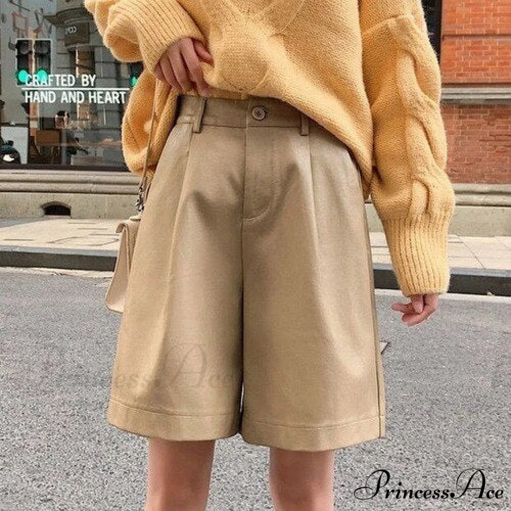 High Waist Bermuda Faux Leather Shorts Khaki / XL
