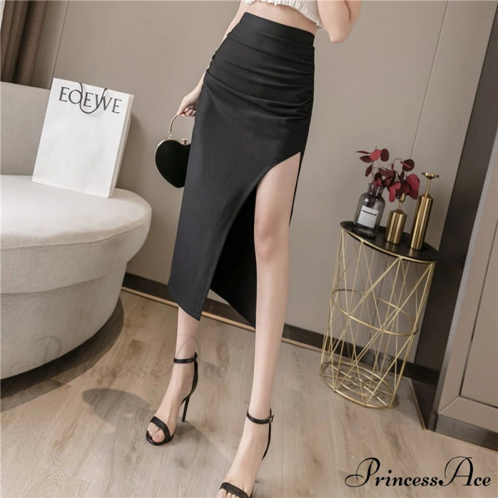 High Waist Black Slit Skirts black / S