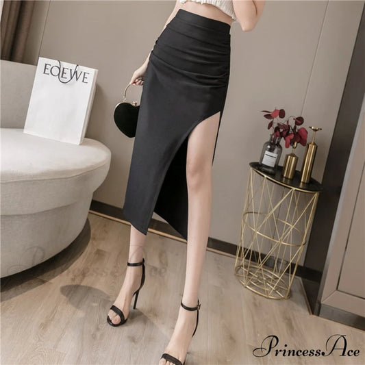 High Waist Black Slit Skirts black / S