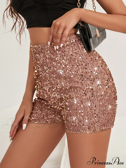 High Waist Bling Metallic Sexy Shorts Champagne / S