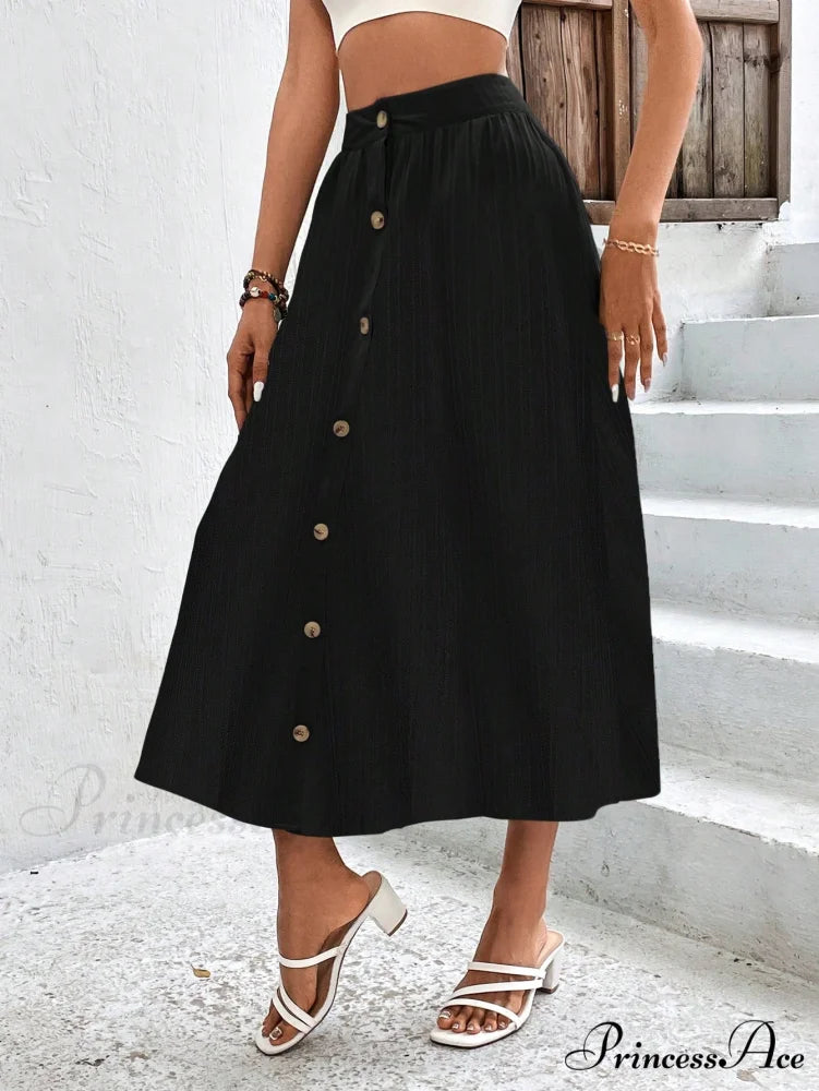 High Waist Button Detail Plisse A-line Skirt