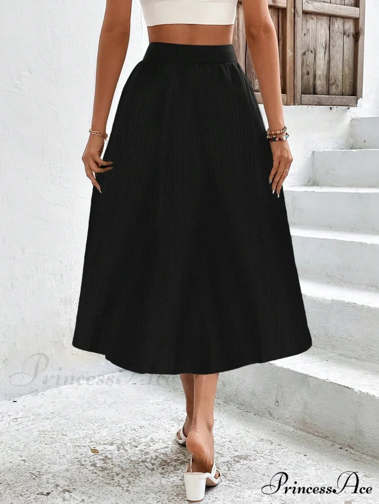 High Waist Button Detail Plisse A-line Skirt