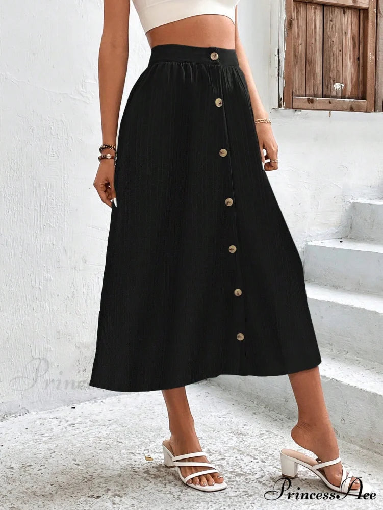 High Waist Button Detail Plisse A-line Skirt