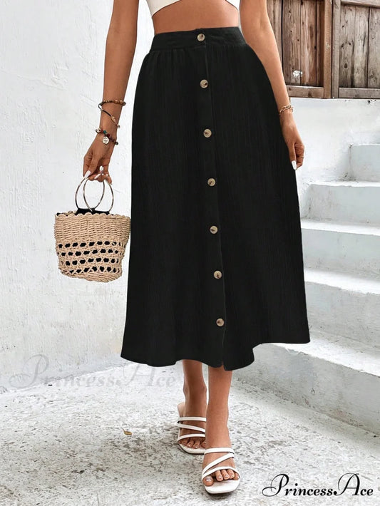 High Waist Button Detail Plisse A-line Skirt Black / XS