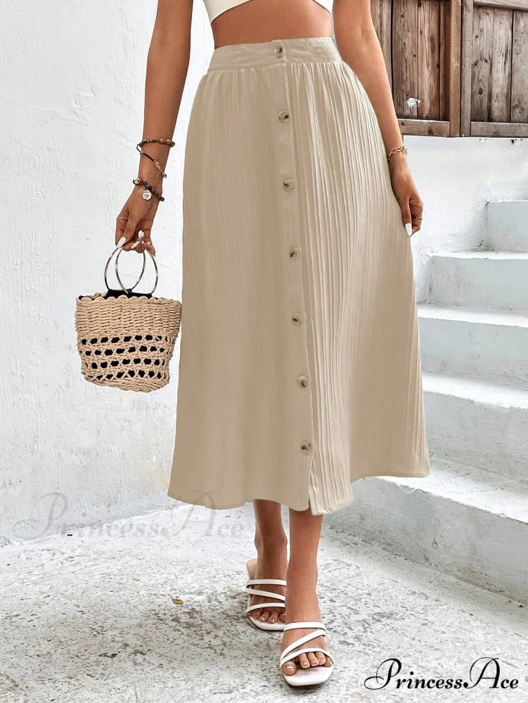 High Waist Button Detail Plisse A-line Skirt Khaki / XS