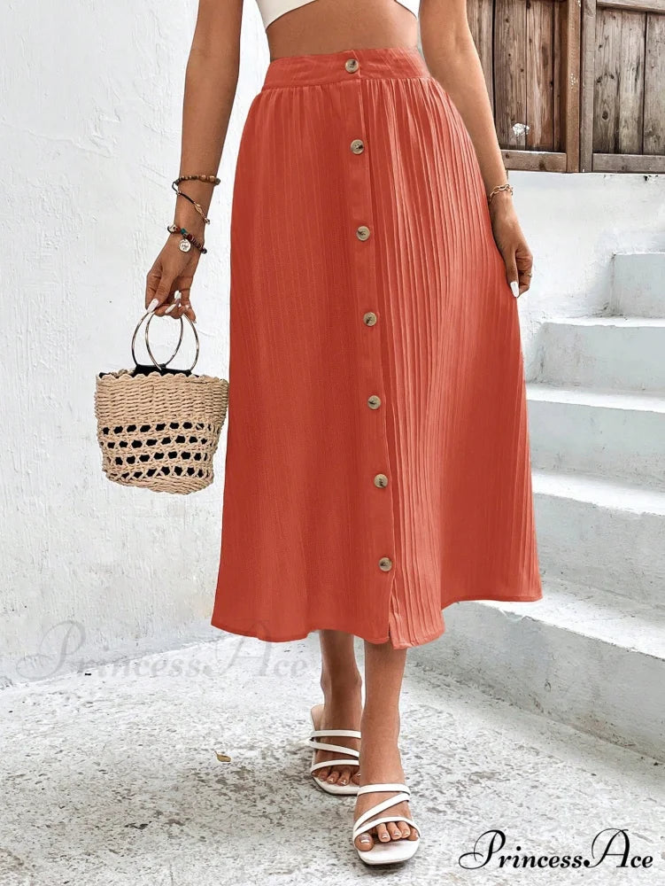 High Waist Button Detail Plisse A-line Skirt Orange / XS