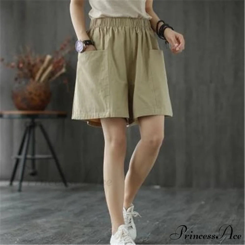 High Waist Cotton Loose Casual Thin Shorts Khaki / XXXL