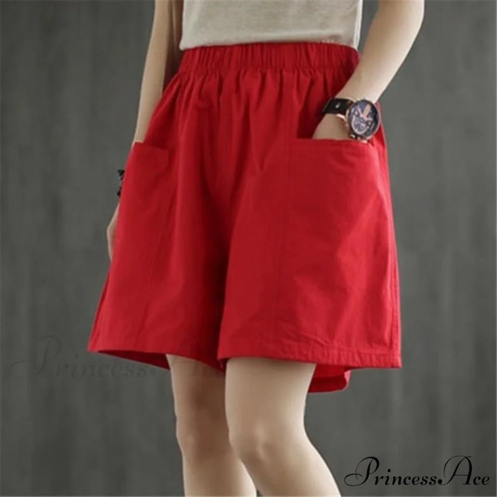 High Waist Cotton Loose Casual Thin Shorts Red / XXXL