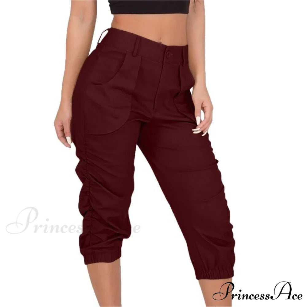 High Waist Cropped Pants Burgundy / L