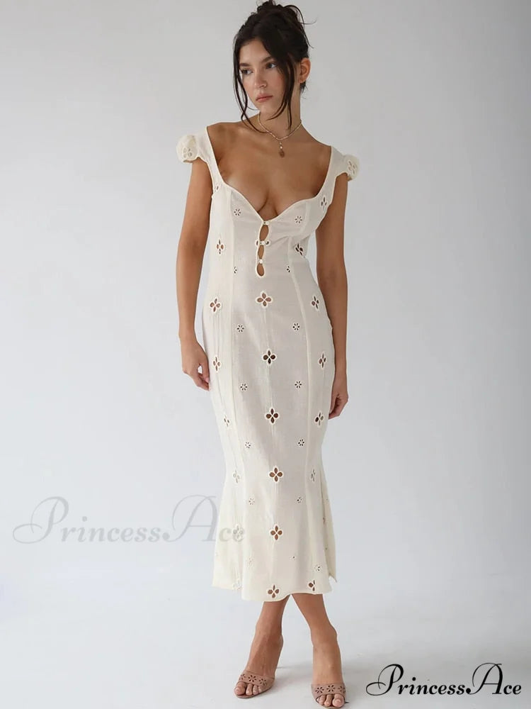 High Waist e Beachwear Bodycon Hollow Out Sundress White Long / M