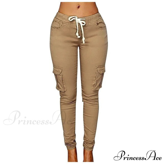 High Waist Elastic Joggers Lace-up Trousers Beige / S