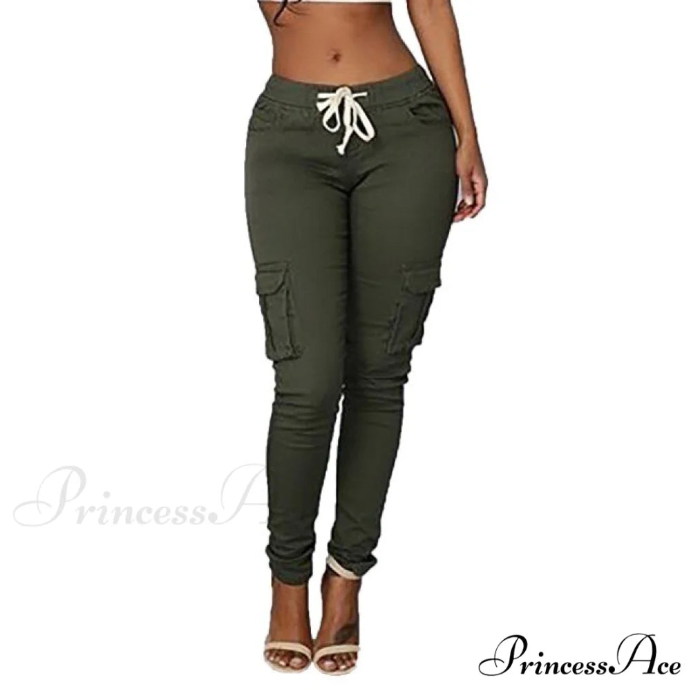 High Waist Elastic Joggers Lace-up Trousers green / L