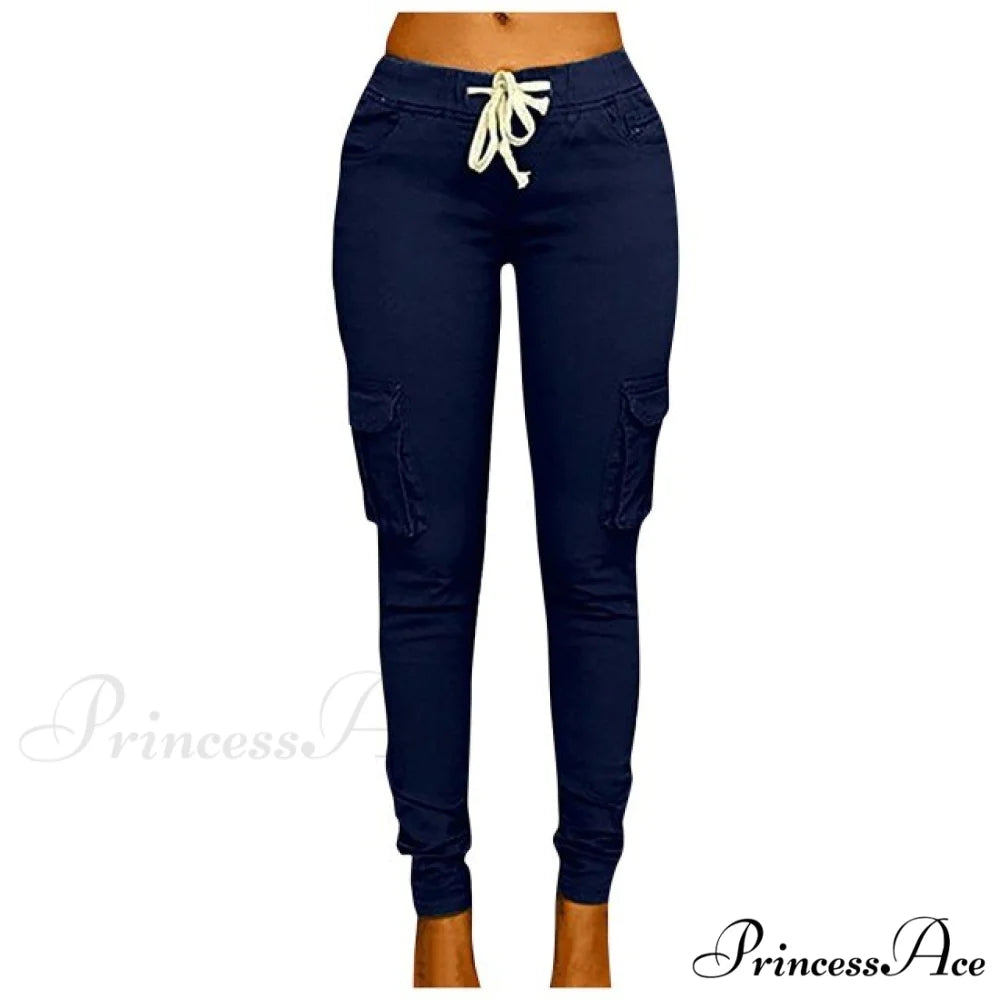 High Waist Elastic Joggers Lace-up Trousers Navy / S