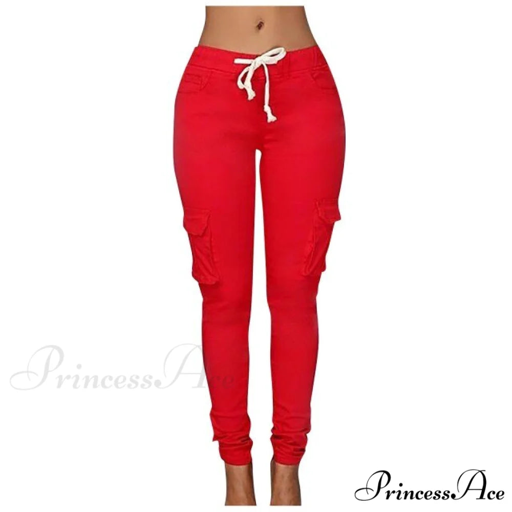High Waist Elastic Joggers Lace-up Trousers Red / S