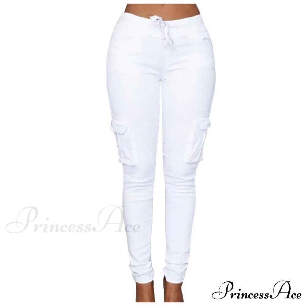 High Waist Elastic Joggers Lace-up Trousers white / S