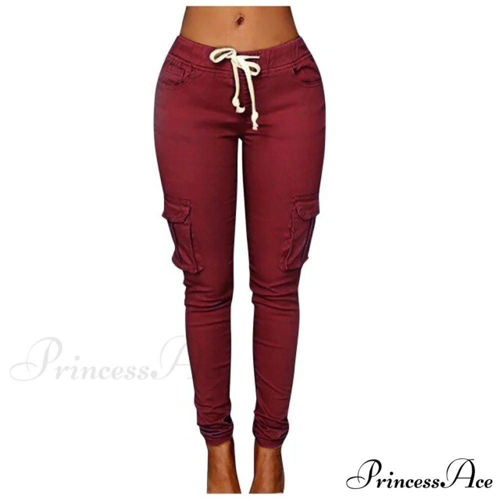 High Waist Elastic Joggers Lace-up Trousers Wine / S