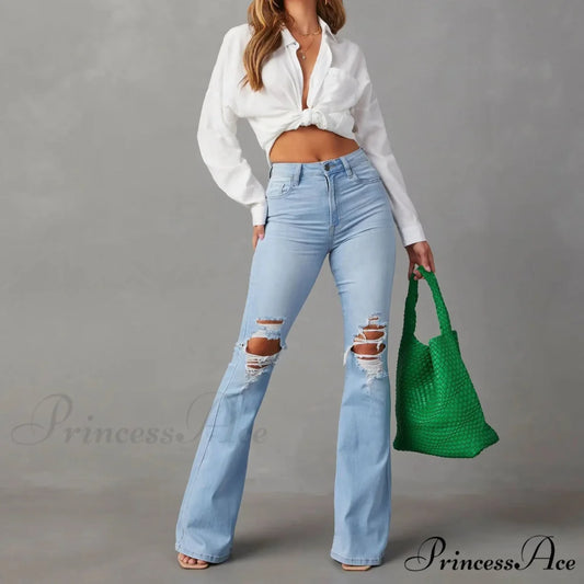 High Waist Flare for Women Fashion Ripped Distressed Denim Woman Bottom Streetwear Ladies Jean Baby Blue / S