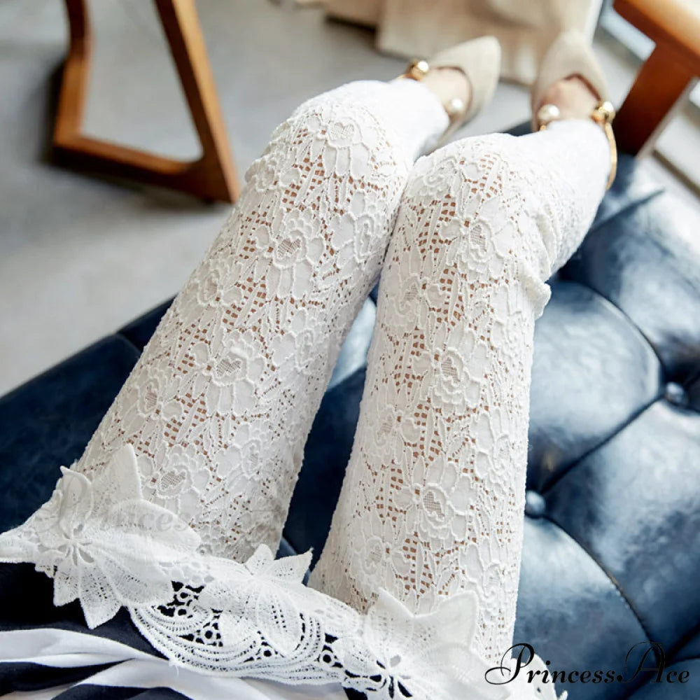 High Waist Floral See Through Strethchy Pants white / One Size