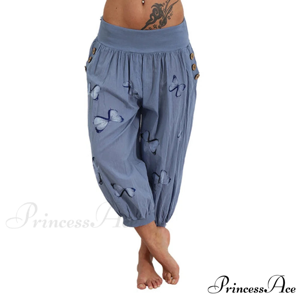 High Waist Harem Capris Pants Blue / S