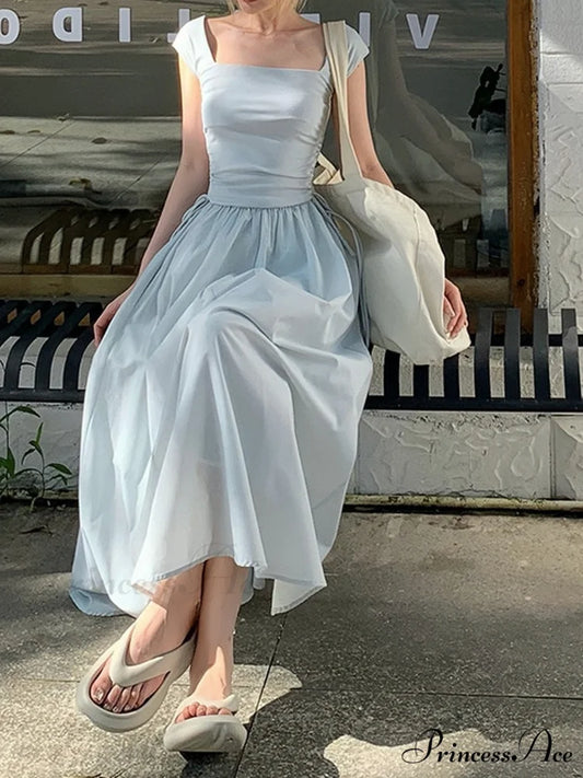High Waist Hollow Square Neck Knitted Long Dress for Summer S / Blue