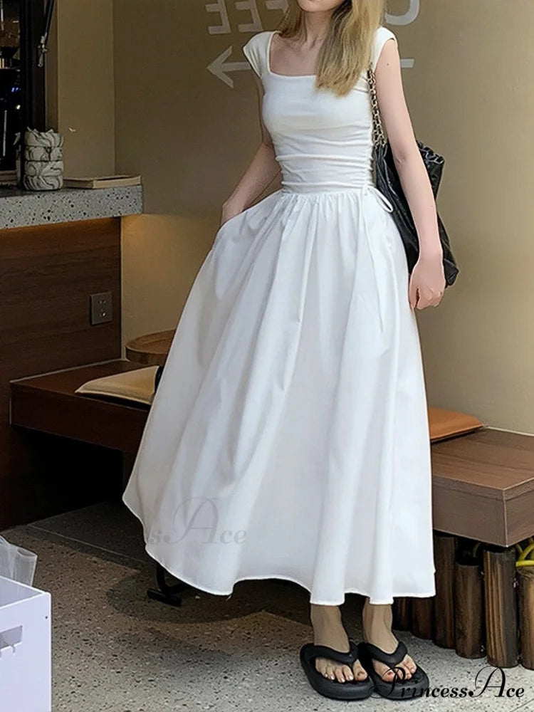 High Waist Hollow Square Neck Knitted Long Dress for Summer S / White