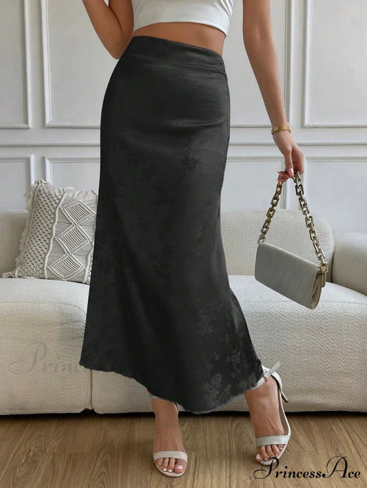 High Waist Jacquard Satin A-line Skirt Black / XS