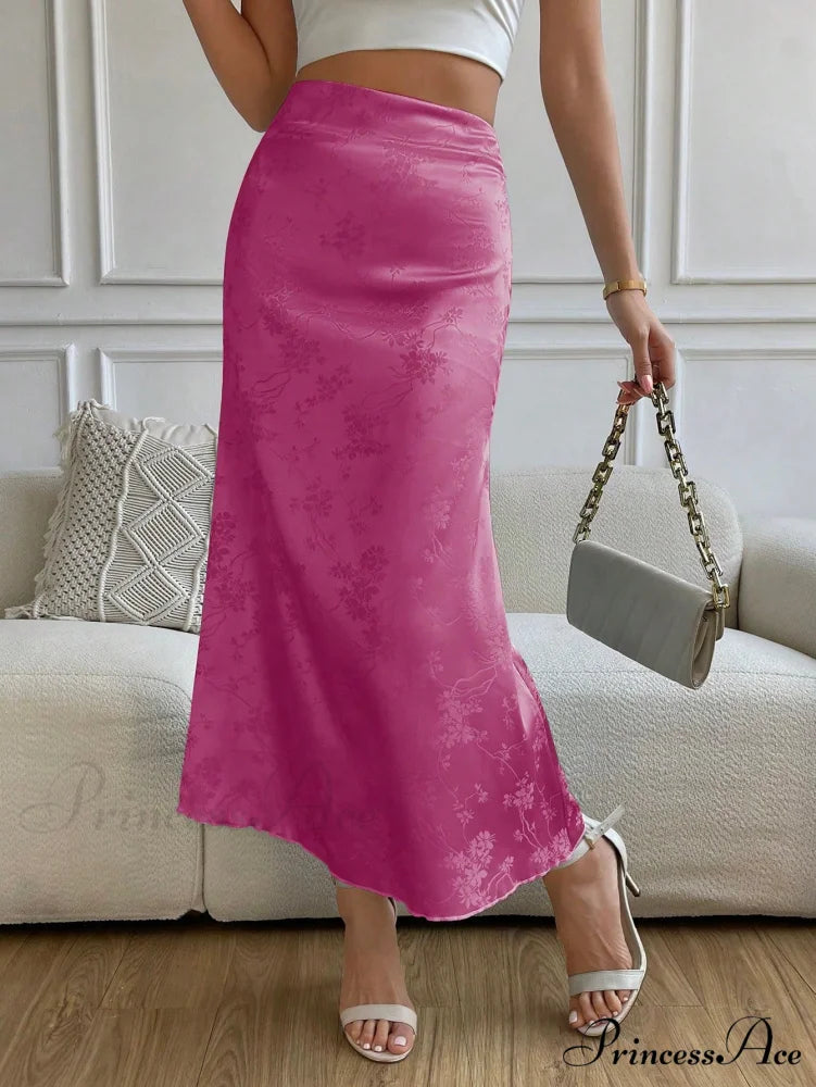 High Waist Jacquard Satin A-line Skirt Hot Pink / XS