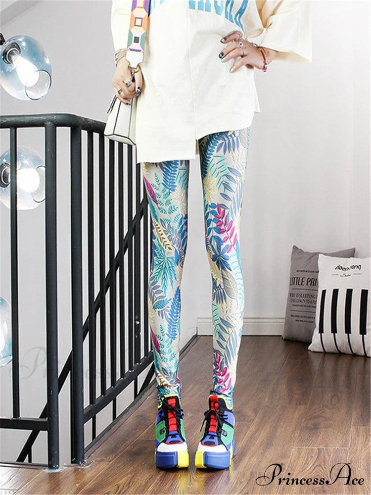 High Waist Leggings Pants Leaf light blue / S