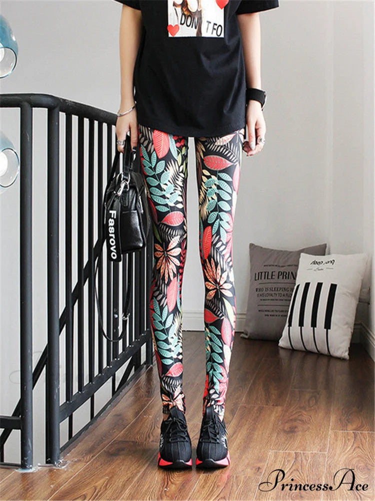 High Waist Leggings Pants Leaf red / S
