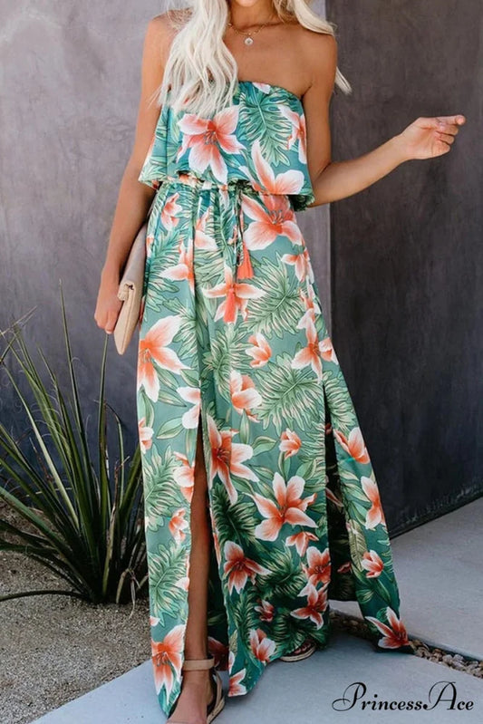 High Waist Off-shoulder Trendy Lace Maxi Dress Green / S