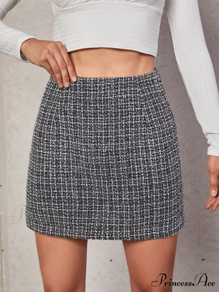 High Waist Plaid Tweed Skirt Black / S