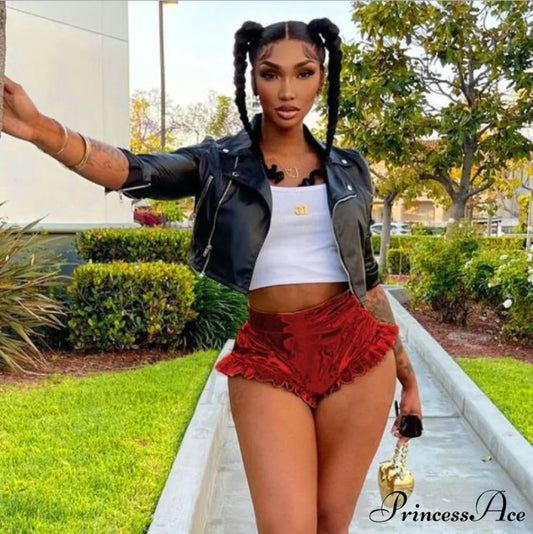 High Waist Push Up Black Shorts Red / S